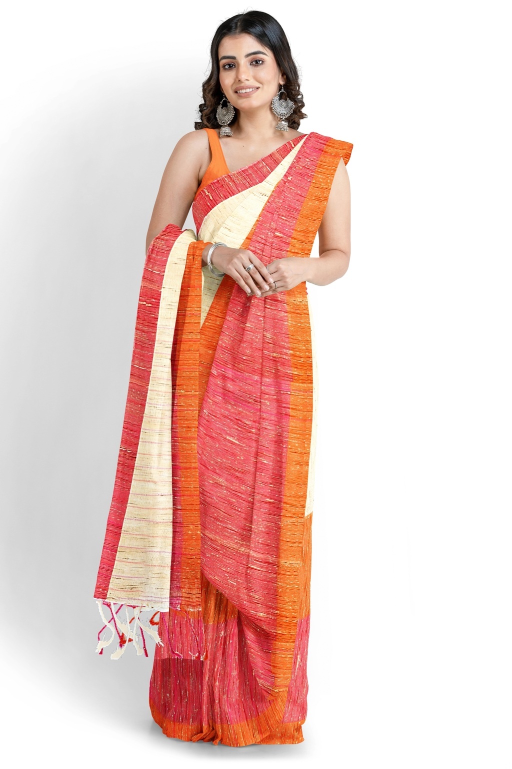 Orange White Pure Cotton Kusu Hand Loom Saree (1281)